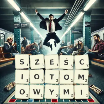 Kreatywna ilustracja do gry w Scrabble ze słowem SZEŚCIOTOMOWYMI ułożonym z płytek na planszy.