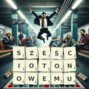 Kreatywna ilustracja do gry w Scrabble ze słowem SZEŚCIOTONOWEMU ułożonym z płytek na planszy.