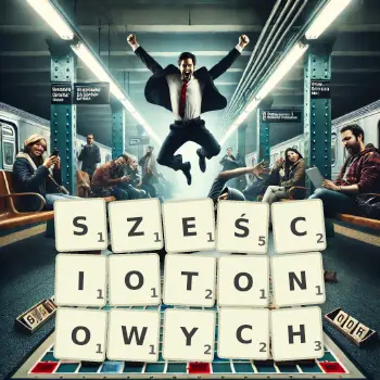 Kreatywna ilustracja do gry w Scrabble ze słowem SZEŚCIOTONOWYCH ułożonym z płytek na planszy.
