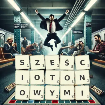 Kreatywna ilustracja do gry w Scrabble ze słowem SZEŚCIOTONOWYMI ułożonym z płytek na planszy.