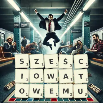 Kreatywna ilustracja do gry w Scrabble ze słowem SZEŚCIOWATOWEMU ułożonym z płytek na planszy.