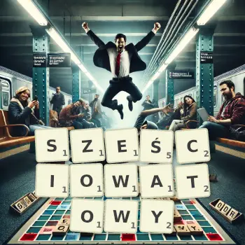 Kreatywna ilustracja do gry w Scrabble ze słowem SZEŚCIOWATOWY ułożonym z płytek na planszy.