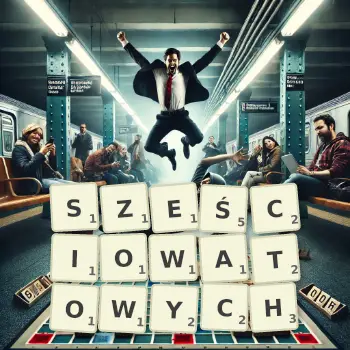 Kreatywna ilustracja do gry w Scrabble ze słowem SZEŚCIOWATOWYCH ułożonym z płytek na planszy.