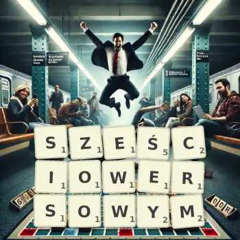 Kreatywna ilustracja do gry w Scrabble ze słowem SZEŚCIOWERSOWYM ułożonym z płytek na planszy.