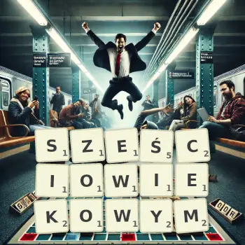 Kreatywna ilustracja do gry w Scrabble ze słowem SZEŚCIOWIEKOWYM ułożonym z płytek na planszy.