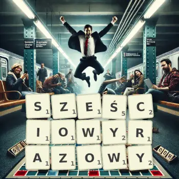 Kreatywna ilustracja do gry w Scrabble ze słowem SZEŚCIOWYRAZOWY ułożonym z płytek na planszy.