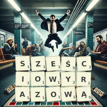 Kreatywna ilustracja do gry w Scrabble ze słowem SZEŚCIOWYRAZOWĄ ułożonym z płytek na planszy.