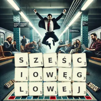 Kreatywna ilustracja do gry w Scrabble ze słowem SZEŚCIOWĘGLOWEJ ułożonym z płytek na planszy.