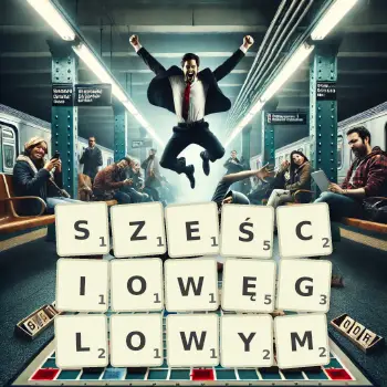 Kreatywna ilustracja do gry w Scrabble ze słowem SZEŚCIOWĘGLOWYM ułożonym z płytek na planszy.