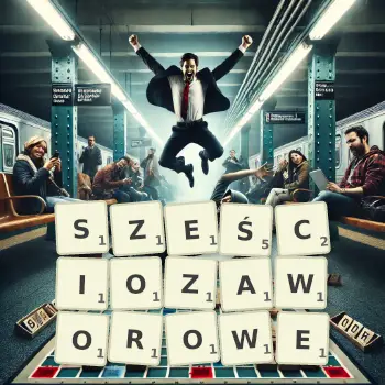 Kreatywna ilustracja do gry w Scrabble ze słowem SZEŚCIOZAWOROWE ułożonym z płytek na planszy.