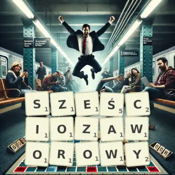 Kreatywna ilustracja do gry w Scrabble ze słowem SZEŚCIOZAWOROWY ułożonym z płytek na planszy.