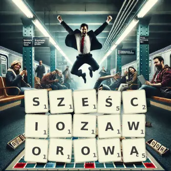Kreatywna ilustracja do gry w Scrabble ze słowem SZEŚCIOZAWOROWĄ ułożonym z płytek na planszy.