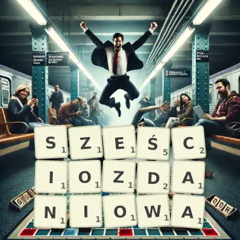 Kreatywna ilustracja do gry w Scrabble ze słowem SZEŚCIOZDANIOWA ułożonym z płytek na planszy.