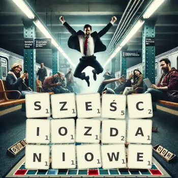 Kreatywna ilustracja do gry w Scrabble ze słowem SZEŚCIOZDANIOWE ułożonym z płytek na planszy.