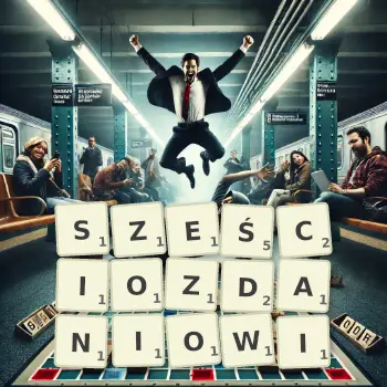 Kreatywna ilustracja do gry w Scrabble ze słowem SZEŚCIOZDANIOWI ułożonym z płytek na planszy.