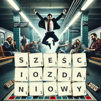 Kreatywna ilustracja do gry w Scrabble ze słowem SZEŚCIOZDANIOWY ułożonym z płytek na planszy.