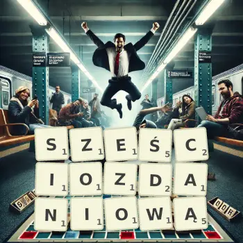 Kreatywna ilustracja do gry w Scrabble ze słowem SZEŚCIOZDANIOWĄ ułożonym z płytek na planszy.