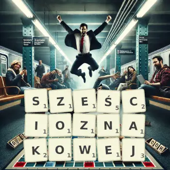 Kreatywna ilustracja do gry w Scrabble ze słowem SZEŚCIOZNAKOWEJ ułożonym z płytek na planszy.