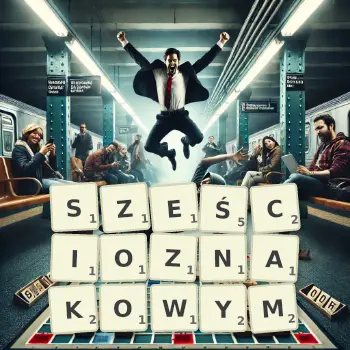 Kreatywna ilustracja do gry w Scrabble ze słowem SZEŚCIOZNAKOWYM ułożonym z płytek na planszy.