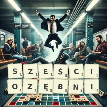 Kreatywna ilustracja do gry w Scrabble ze słowem SZEŚCIOZĘBNI ułożonym z płytek na planszy.