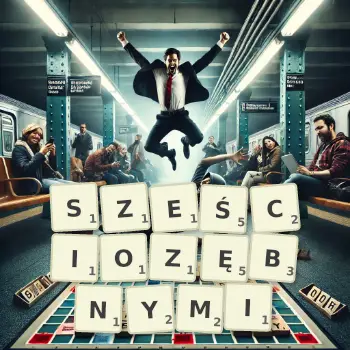 Kreatywna ilustracja do gry w Scrabble ze słowem SZEŚCIOZĘBNYMI ułożonym z płytek na planszy.