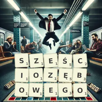 Kreatywna ilustracja do gry w Scrabble ze słowem SZEŚCIOZĘBOWEGO ułożonym z płytek na planszy.