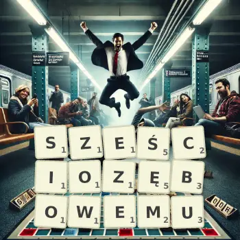 Kreatywna ilustracja do gry w Scrabble ze słowem SZEŚCIOZĘBOWEMU ułożonym z płytek na planszy.