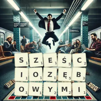 Kreatywna ilustracja do gry w Scrabble ze słowem SZEŚCIOZĘBOWYMI ułożonym z płytek na planszy.