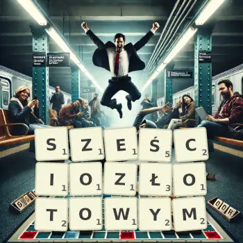 Kreatywna ilustracja do gry w Scrabble ze słowem SZEŚCIOZŁOTOWYM ułożonym z płytek na planszy.