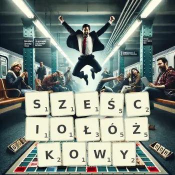 Kreatywna ilustracja do gry w Scrabble ze słowem SZEŚCIOŁÓŻKOWY ułożonym z płytek na planszy.