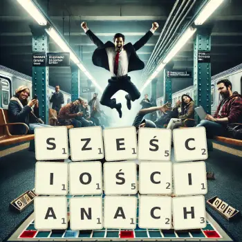 Kreatywna ilustracja do gry w Scrabble ze słowem SZEŚCIOŚCIANACH ułożonym z płytek na planszy.