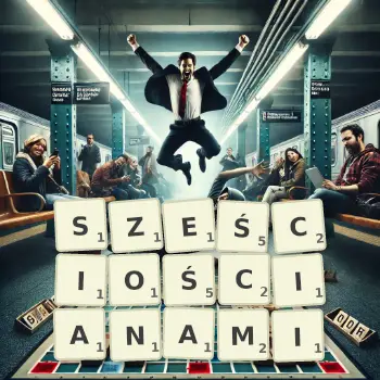 Kreatywna ilustracja do gry w Scrabble ze słowem SZEŚCIOŚCIANAMI ułożonym z płytek na planszy.