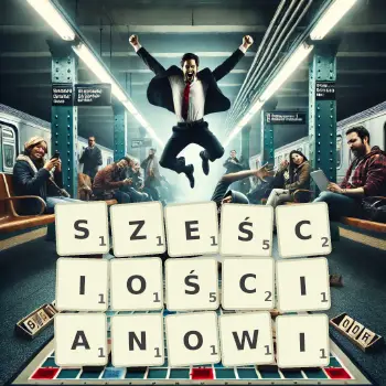 Kreatywna ilustracja do gry w Scrabble ze słowem SZEŚCIOŚCIANOWI ułożonym z płytek na planszy.