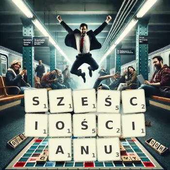 Kreatywna ilustracja do gry w Scrabble ze słowem SZEŚCIOŚCIANU ułożonym z płytek na planszy.