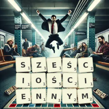 Kreatywna ilustracja do gry w Scrabble ze słowem SZEŚCIOŚCIENNYM ułożonym z płytek na planszy.