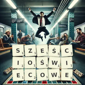 Kreatywna ilustracja do gry w Scrabble ze słowem SZEŚCIOŚWIECOWE ułożonym z płytek na planszy.