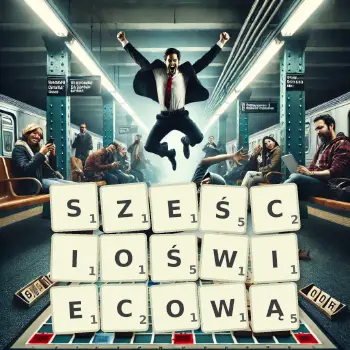 Kreatywna ilustracja do gry w Scrabble ze słowem SZEŚCIOŚWIECOWĄ ułożonym z płytek na planszy.