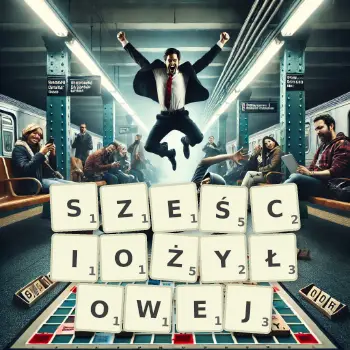 Kreatywna ilustracja do gry w Scrabble ze słowem SZEŚCIOŻYŁOWEJ ułożonym z płytek na planszy.