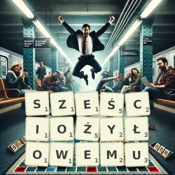Kreatywna ilustracja do gry w Scrabble ze słowem SZEŚCIOŻYŁOWEMU ułożonym z płytek na planszy.