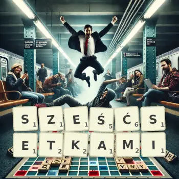 Kreatywna ilustracja do gry w Scrabble ze słowem SZEŚĆSETKAMI ułożonym z płytek na planszy.