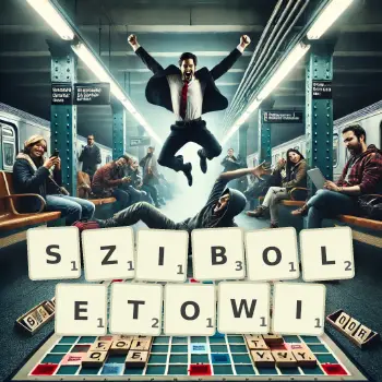 Kreatywna ilustracja do gry w Scrabble ze słowem SZIBOLETOWI ułożonym z płytek na planszy.