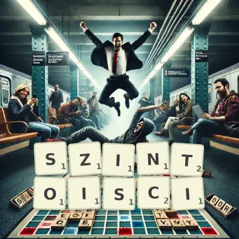 Kreatywna ilustracja do gry w Scrabble ze słowem SZINTOISCI ułożonym z płytek na planszy.