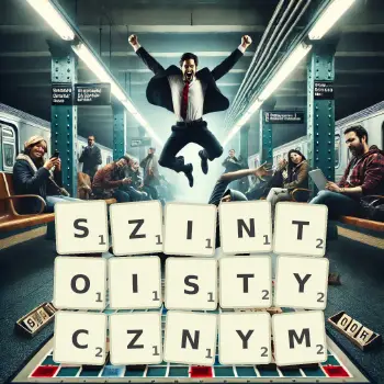 Kreatywna ilustracja do gry w Scrabble ze słowem SZINTOISTYCZNYM ułożonym z płytek na planszy.