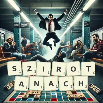 Kreatywna ilustracja do gry w Scrabble ze słowem SZIROTANACH ułożonym z płytek na planszy.