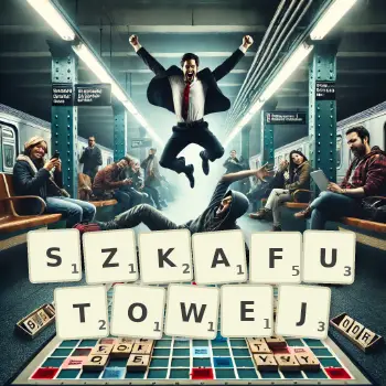 Kreatywna ilustracja do gry w Scrabble ze słowem SZKAFUTOWEJ ułożonym z płytek na planszy.