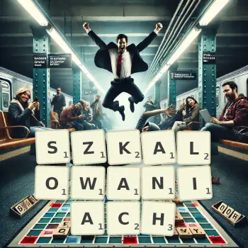 Kreatywna ilustracja do gry w Scrabble ze słowem SZKALOWANIACH ułożonym z płytek na planszy.