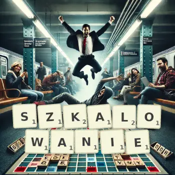 Kreatywna ilustracja do gry w Scrabble ze słowem SZKALOWANIE ułożonym z płytek na planszy.
