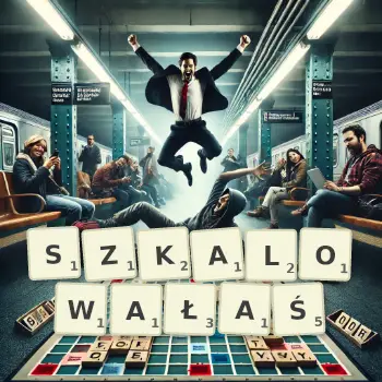 Kreatywna ilustracja do gry w Scrabble ze słowem SZKALOWAŁAŚ ułożonym z płytek na planszy.