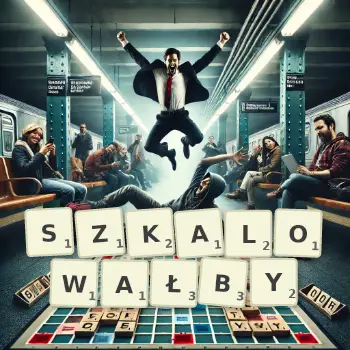 Kreatywna ilustracja do gry w Scrabble ze słowem SZKALOWAŁBY ułożonym z płytek na planszy.