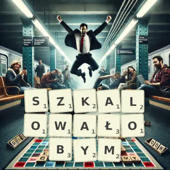Kreatywna ilustracja do gry w Scrabble ze słowem SZKALOWAŁOBYM ułożonym z płytek na planszy.